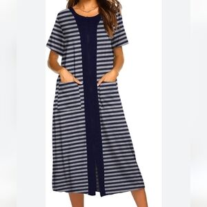 EKOUAR FULL ZIP WOMEN'S NAVY BLUE GRAY BEACH LOUNGE HOUSE DRESS W POCKETS SMALL